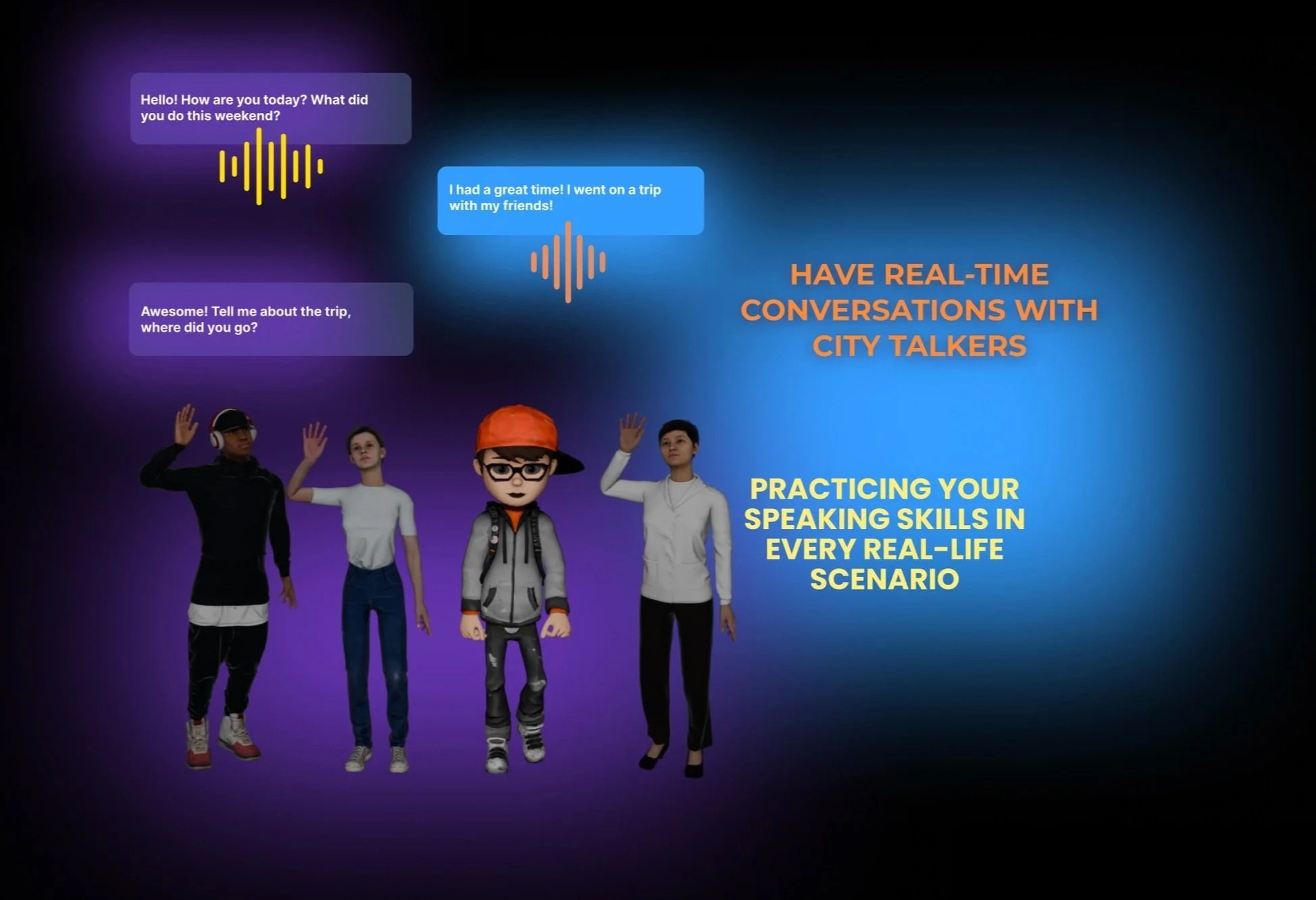 Characters on Talk Adventures engaging in interactive language-learning adventures to help you practice your speaking skills